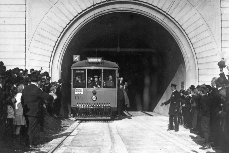 K Line streetcar piloted by SF Mayor Jim Rolph exiting Twin Peaks tunnel in 1918