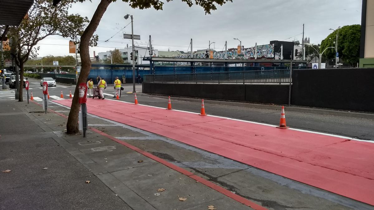 Red transit lanes being installed