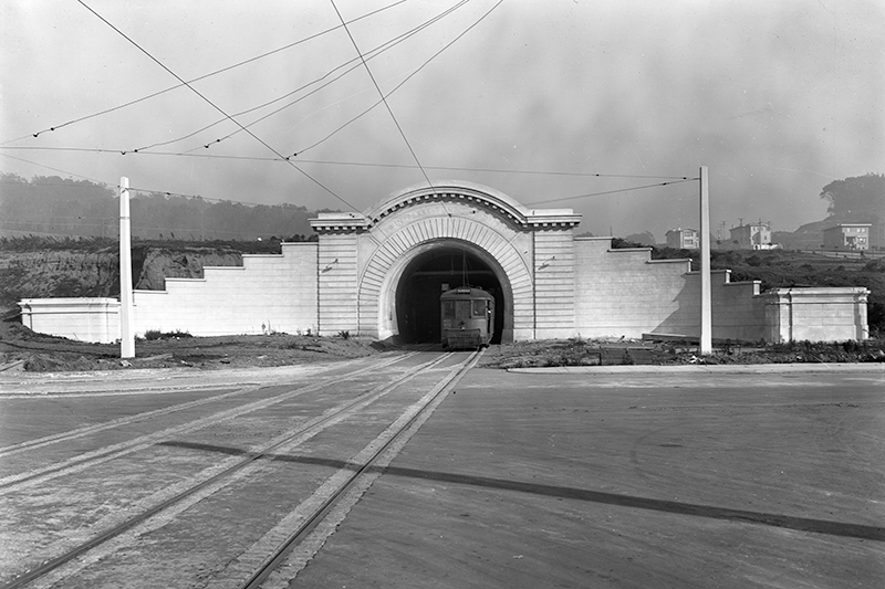 Vintage photo of streetcar entering Twin Peaks Tunnel