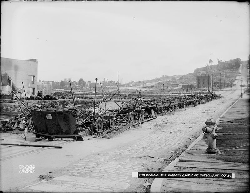 burned cable cars and buildings