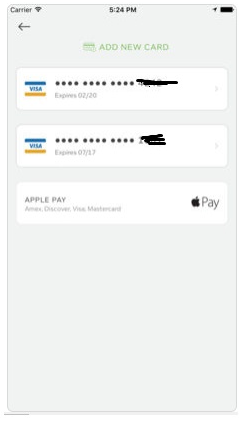 Screen print of payment selection screen, allowing choice of cards, apple pay, or adding a new payment method.