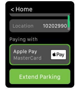 Screen shot for location, payment method, and extend parking button