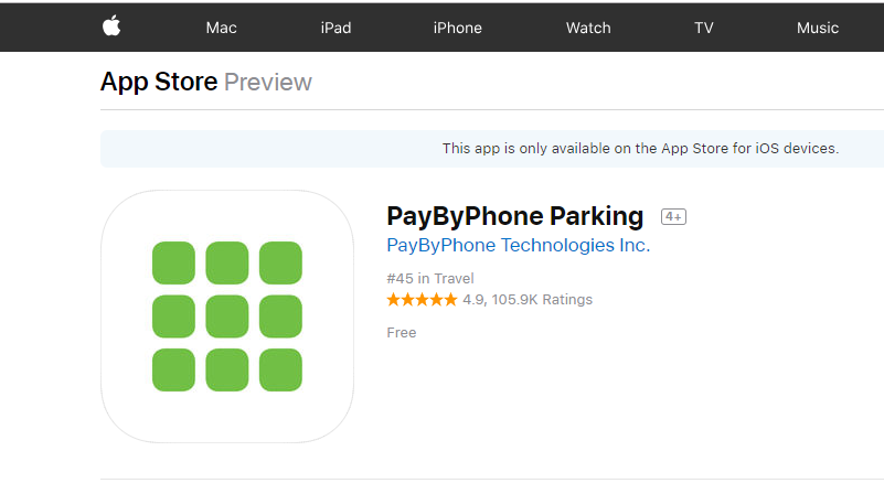 Screen print of the Pay by Phone app in the iOS app store