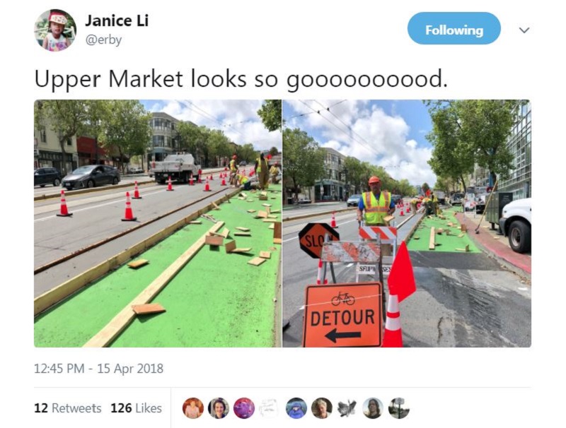 New bike lanes on upper Market Street.