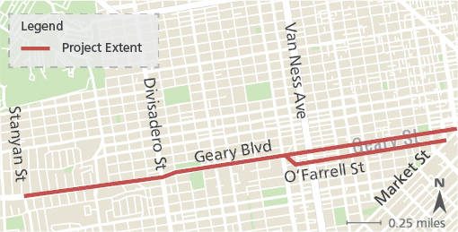 The Geary Rapid Project aims to improve transit reliability on Geary and O’Farrell between Stanyan and Market streets.