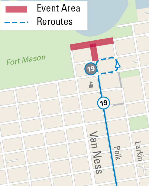 Map of street closures and Muni reroutes for the event.