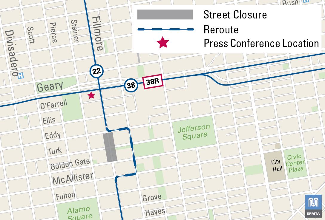 Map of street closure and Muni reroute for the Jonestown Massacre Commemoration