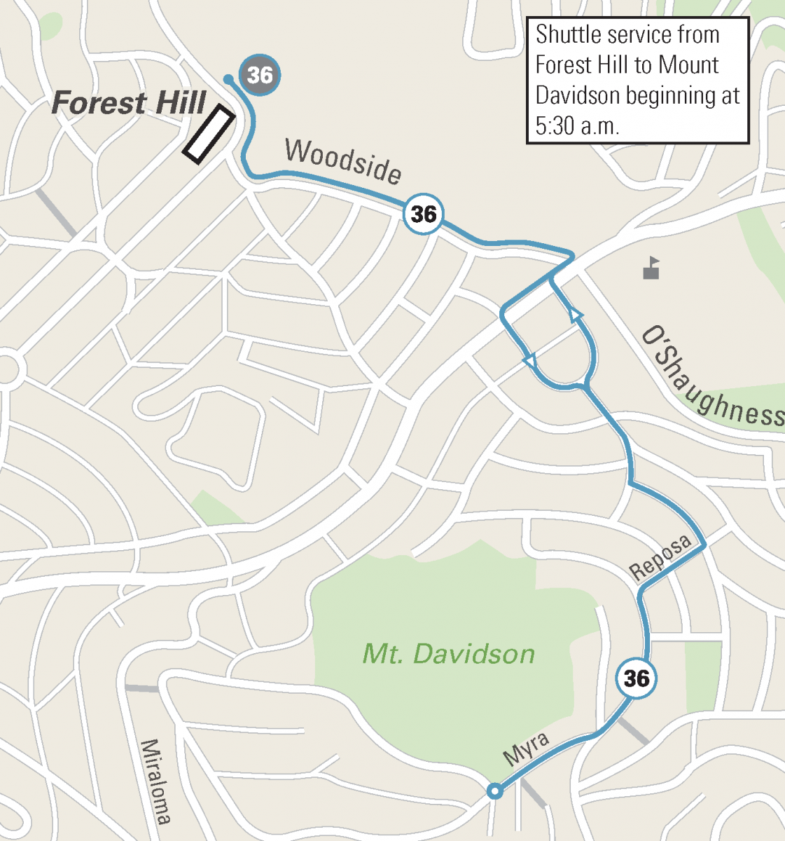 Map of Easter Sunday Shuttle Service to Mt Davidson