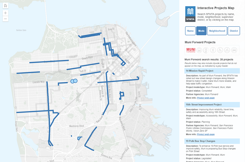 The SFMTA Interactive Projects Map with Muni Forward projects highlighted.