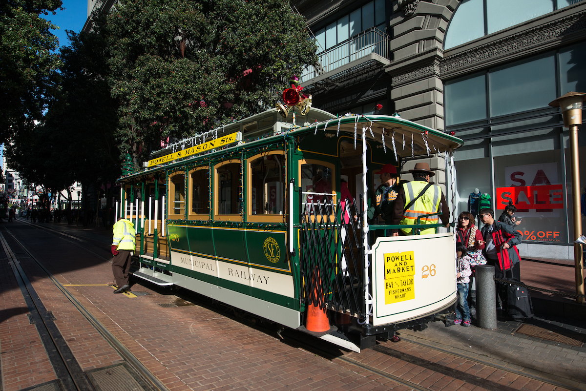Powell Line Cable Car with Christmas decorations.