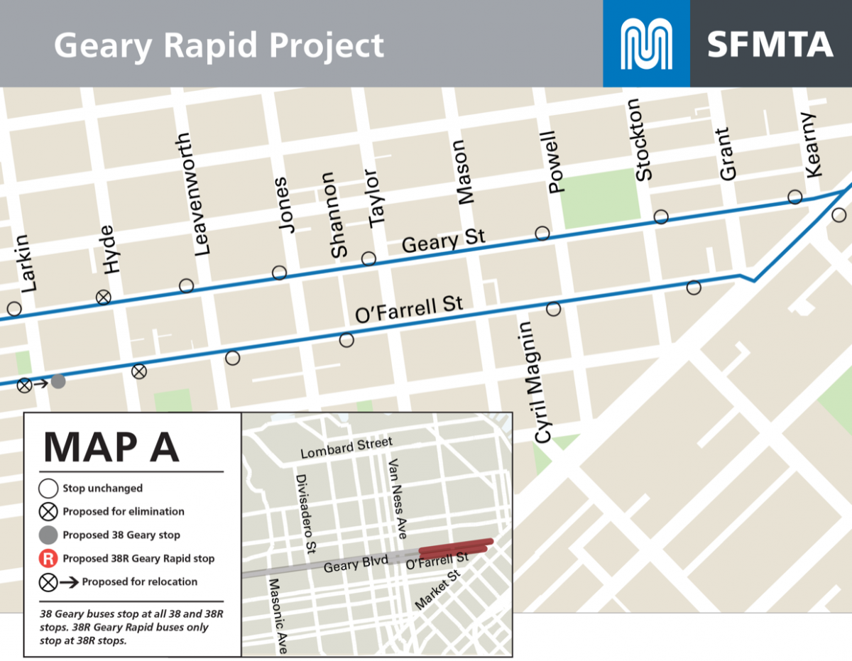 Map showing proposed bus stop changes on Geary and O'Farrell between Larkin and Market streets