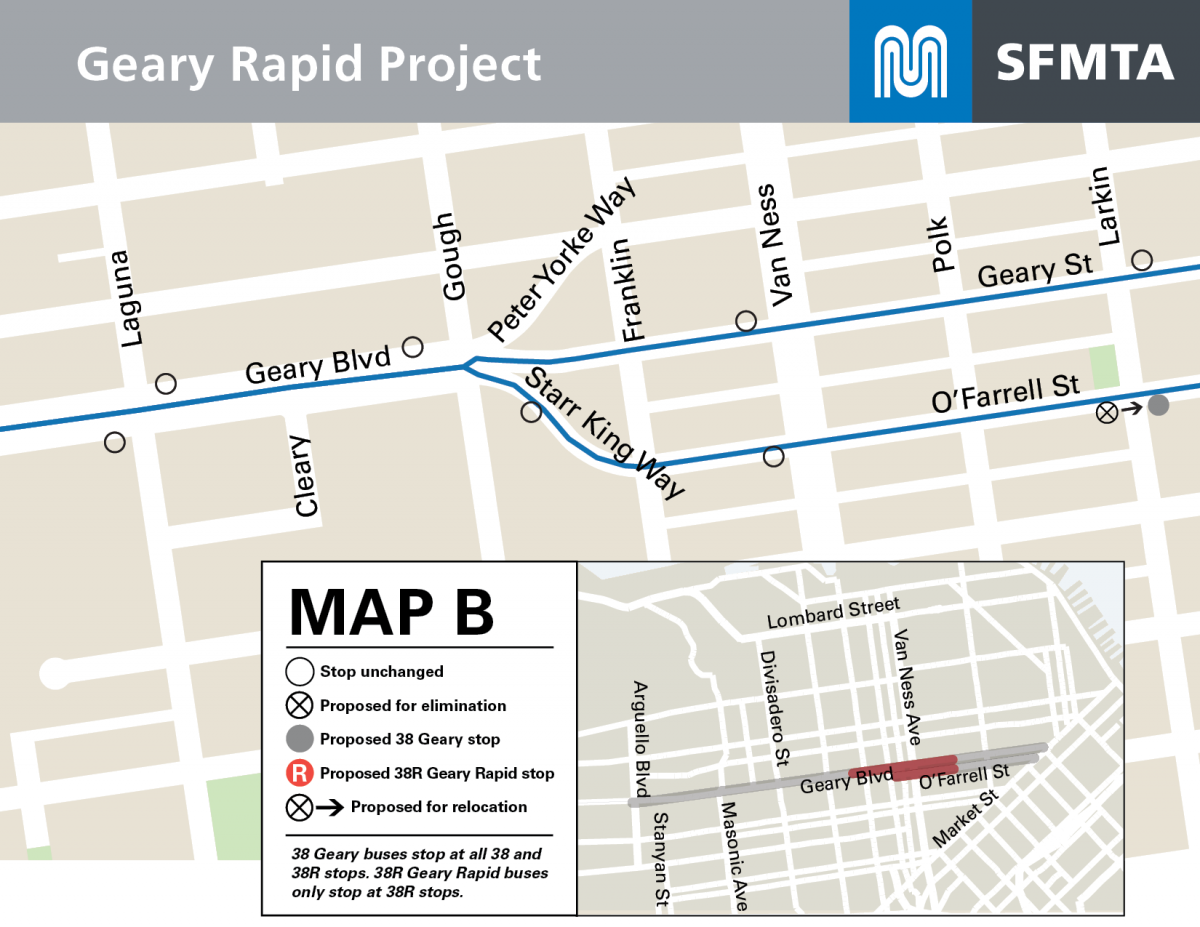 map showing proposed bus stop changes on Geary and O'Farrell from Laguna to Larkin streets.