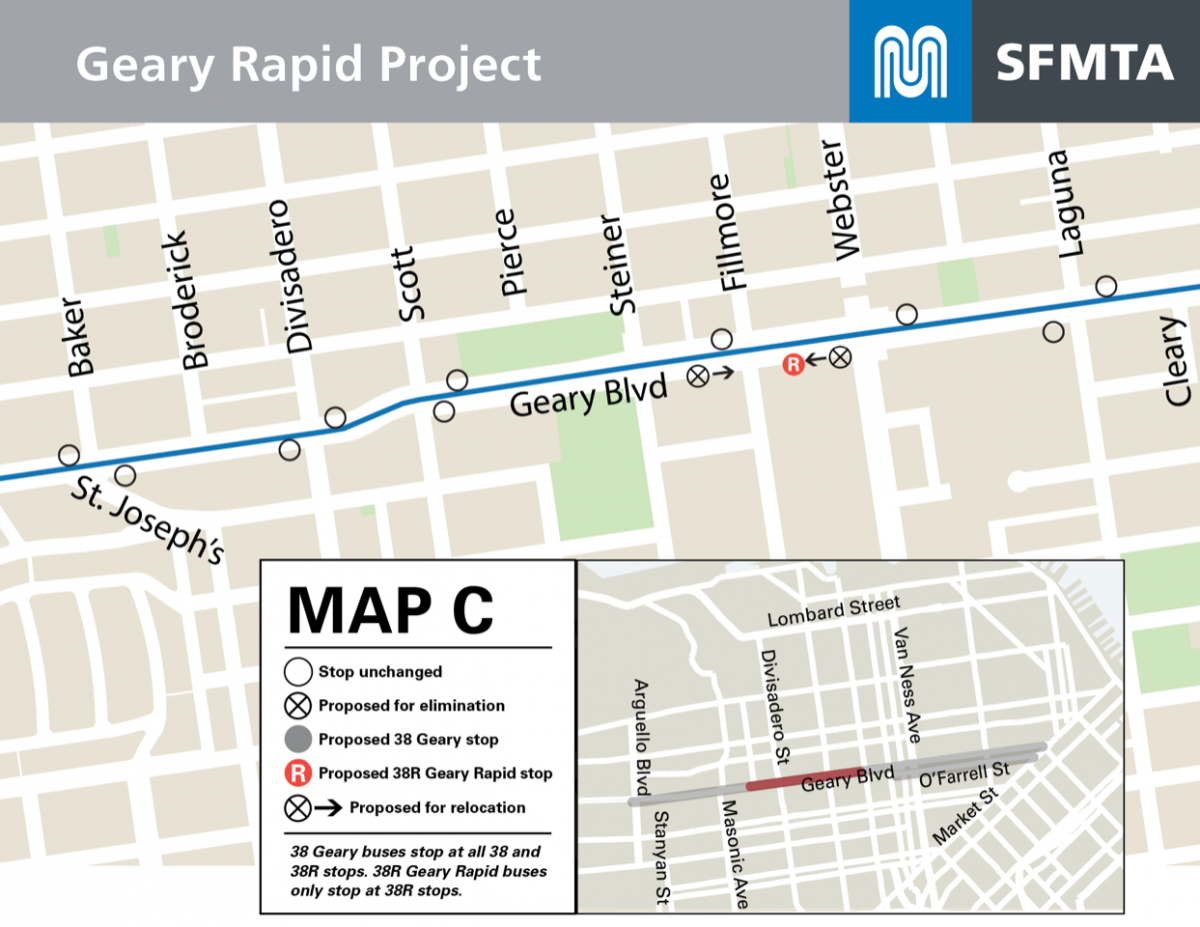  Map showing proposed bus stop changes on Geary from Baker to Cleary. 