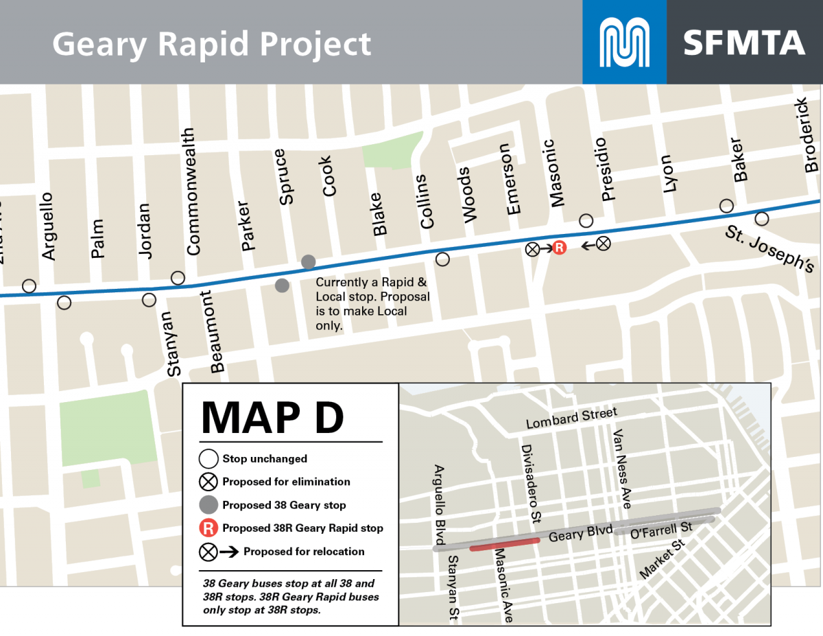 Map of bus stop changes proposed on Geary from Arguello to Broderick.