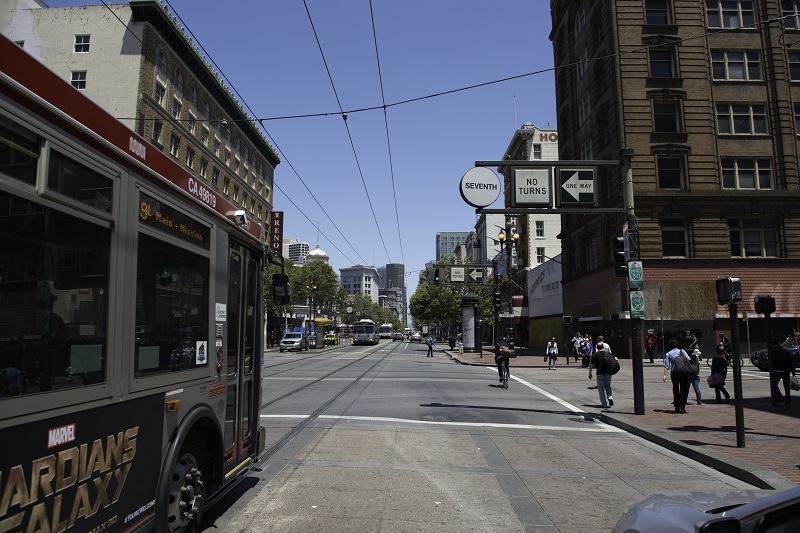 A 9 San Bruno coach headed down Market Street.