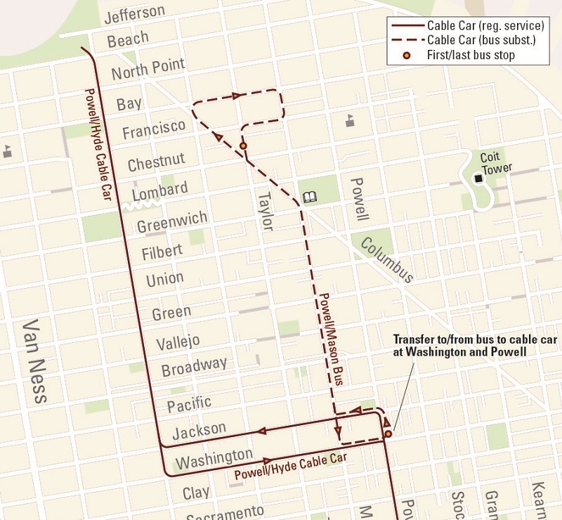 Map of bus substitutions for the Mason Cable Car.