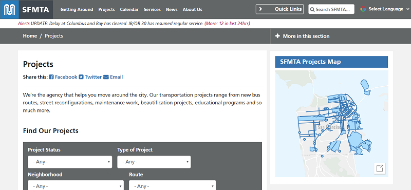 The SFMTA Projects Page with Interactive Projects Map inset.