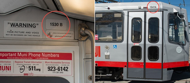 Two images. One shows the front interior wall of a Muni light rail vehicle, showing the number “1530 B” circled in red above the operator’s compartment. The second image shows a side-on shot of a gray light rail vehicle. Above the front door, the number “1541 A” is also circled in red.