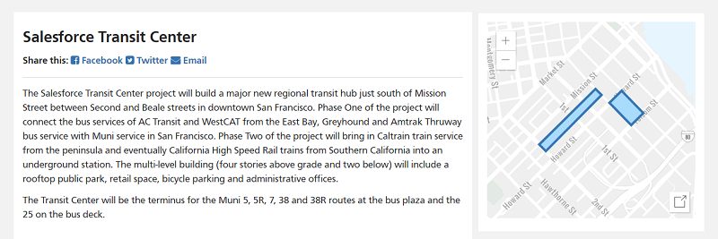 The Salesforce Transit Center Project Page with project map inset.