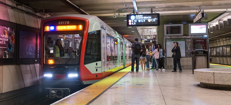 N Judah train picking people up in the subway.