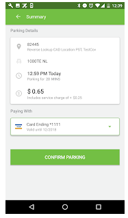 Screen print to confirm parking details and means of payment, with button to confirm parking