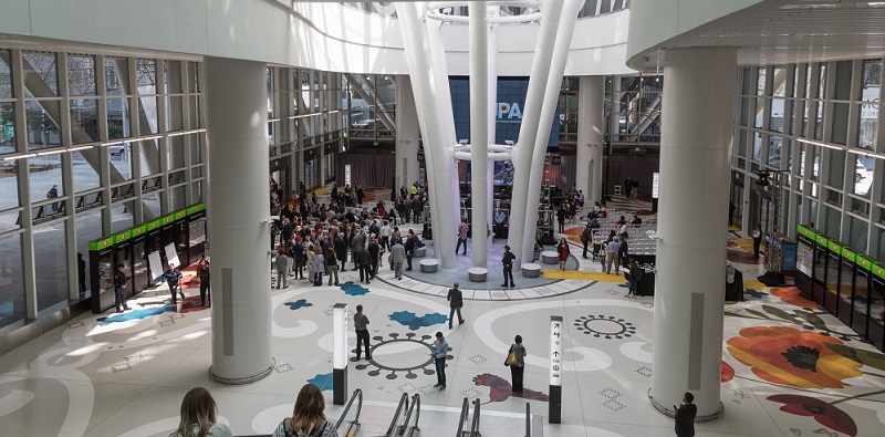 The grand hall of the Salesforce Transit Center.