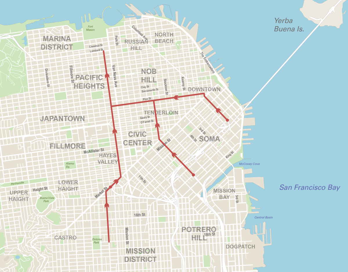 Map of San Francisco shows alternate routes for drivers who are no longer allowed to turn left on Van Ness. 