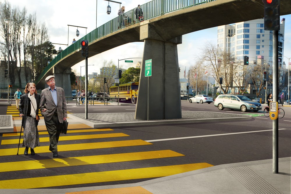 Rendering showing proposed street-level crossings at Geary and Webster streets.