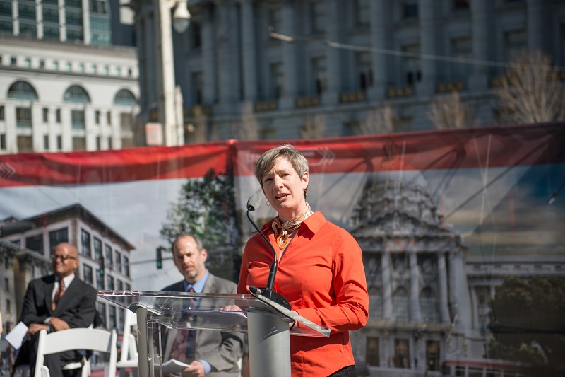 SFMTA Board of Directors Chair Cheryl Brinkman speaking at the groundbreaking ceremony for the Van Ness BRT project.