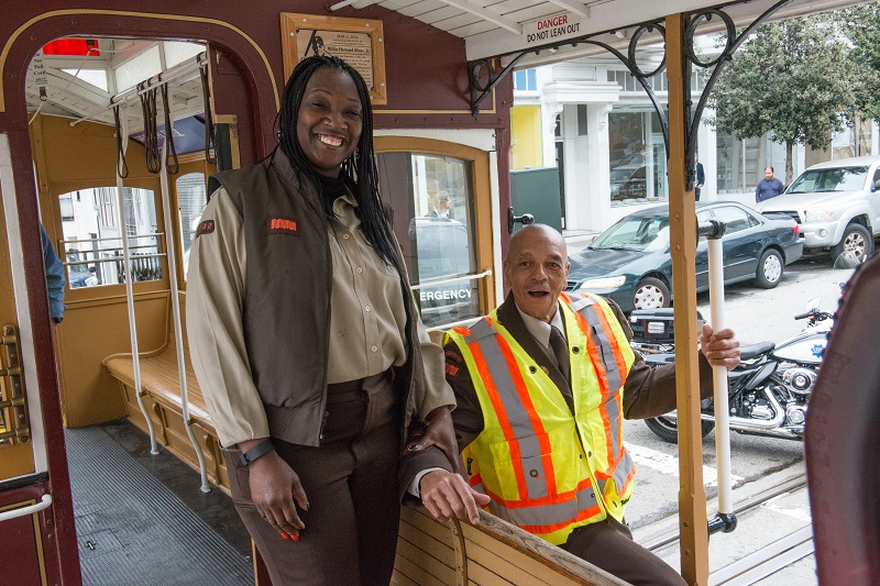 Willa Johnson shown with Duane Allen during the dedication ceremony for Willie Mays Cable Car 24. 