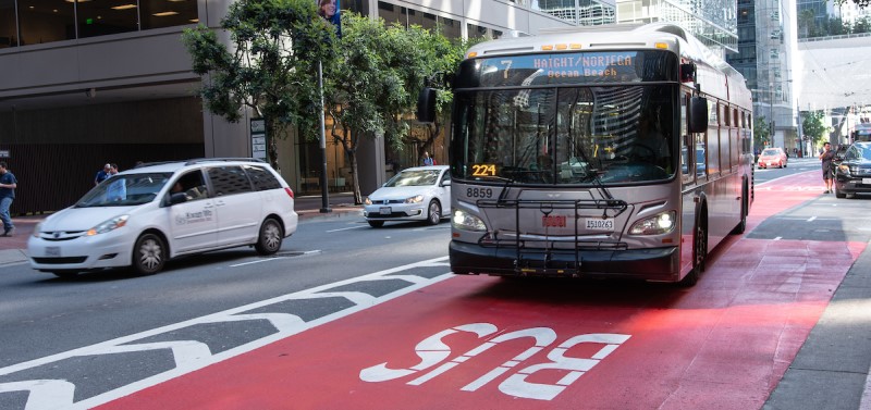 The 7 Haight using the transit only red lanes