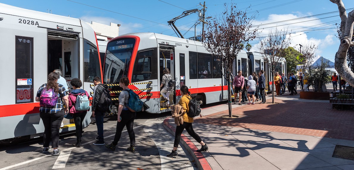 People boarding the N Judah at a new bulbout in the Inner Sunset.