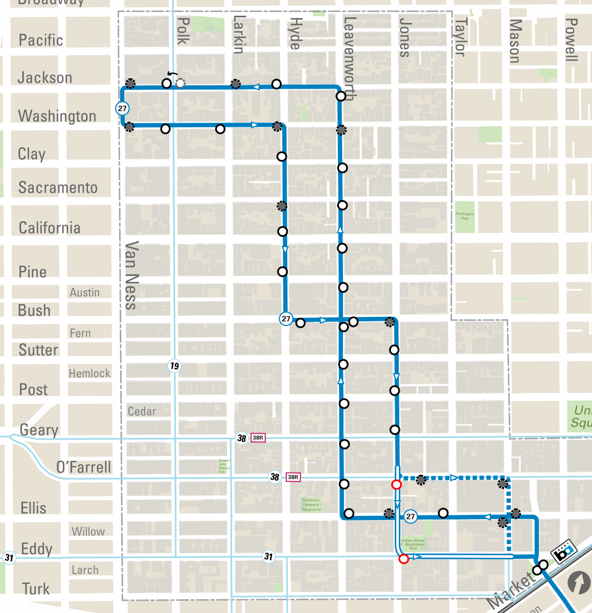 A map of the 27 Bryant route north of Market Street. It shows proposed bus stop removals, relocations, and proposed new stops and route. The proposal maintains 75% of stops (with 10 bus stop removals).