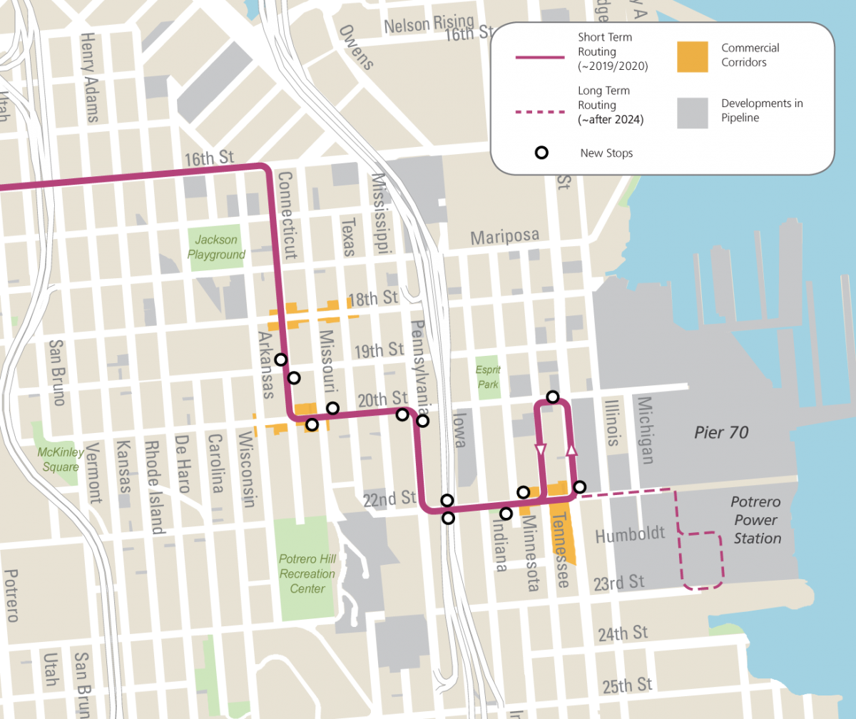map detailing the final winning route of the 55 dogpatch. specific route details can be found at SFMTA.com/55. anticipated in 2024, the 55 dogpatch will extend east on 22nd street to the potrero power station. 