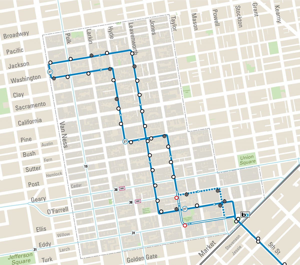27 Bryant Route north of market street with August 2019 stop removals and reroute