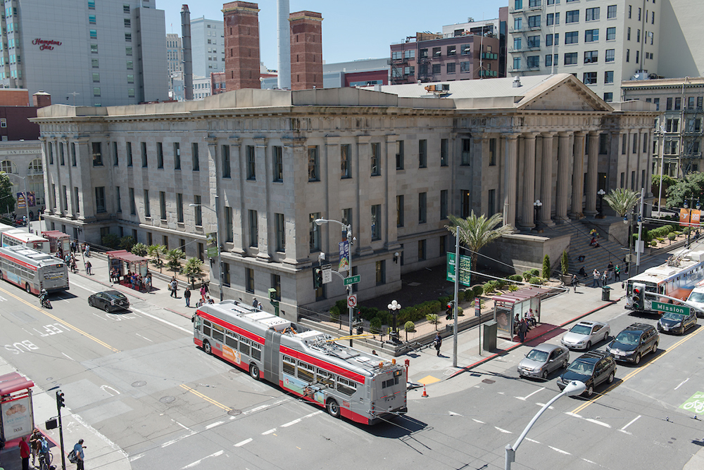 overhead view of Muni buses outside Old US Mint