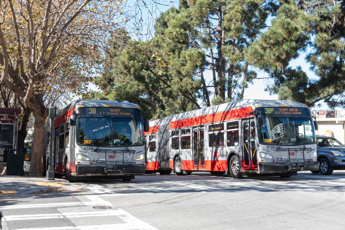 two articulated buses on Geary and Laguna