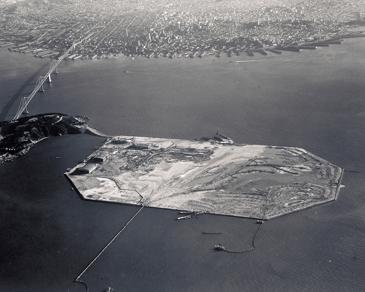aerial view of Treasure Island construction and SF Bay