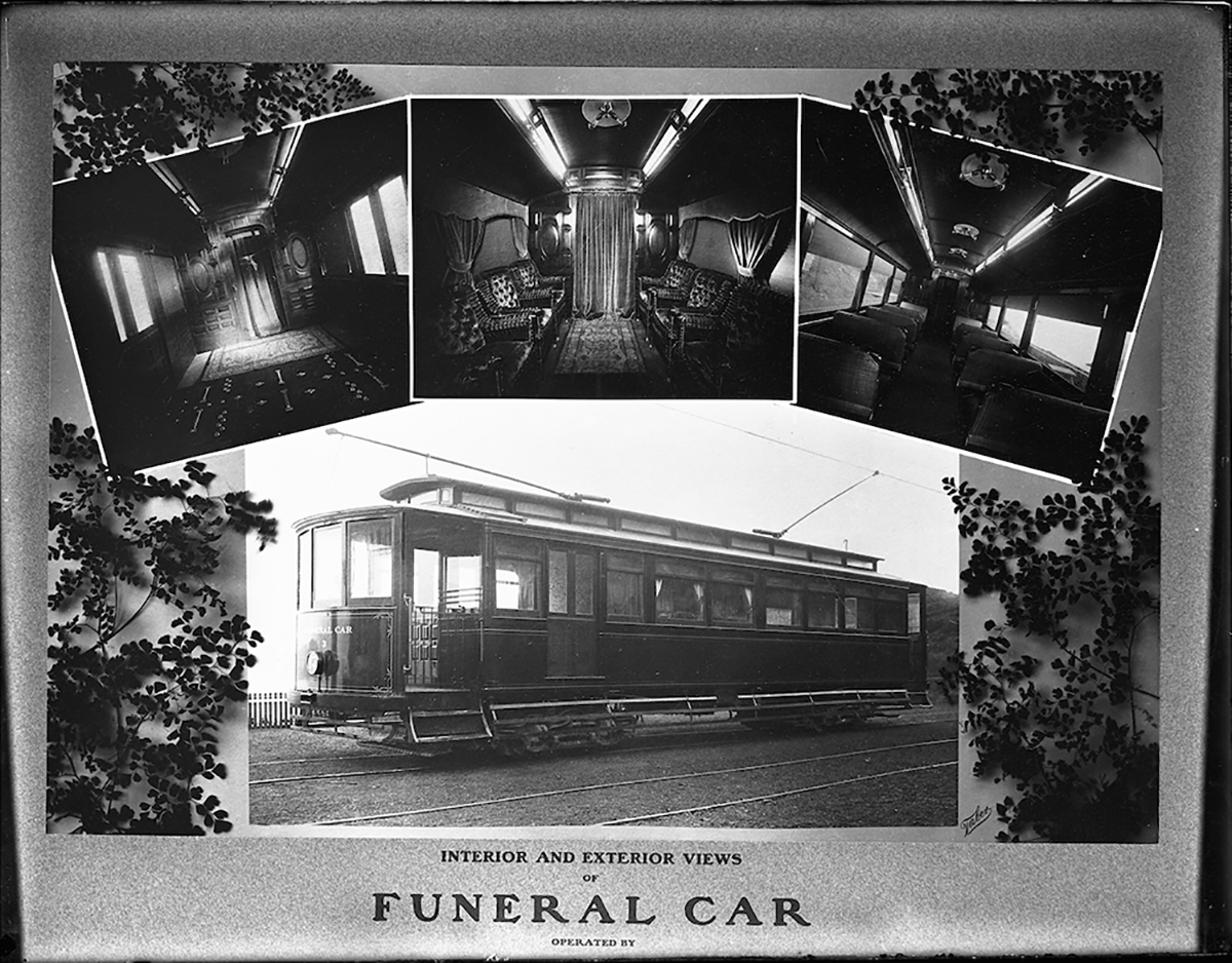 photo collage of interior and exterior views of funeral streetcar