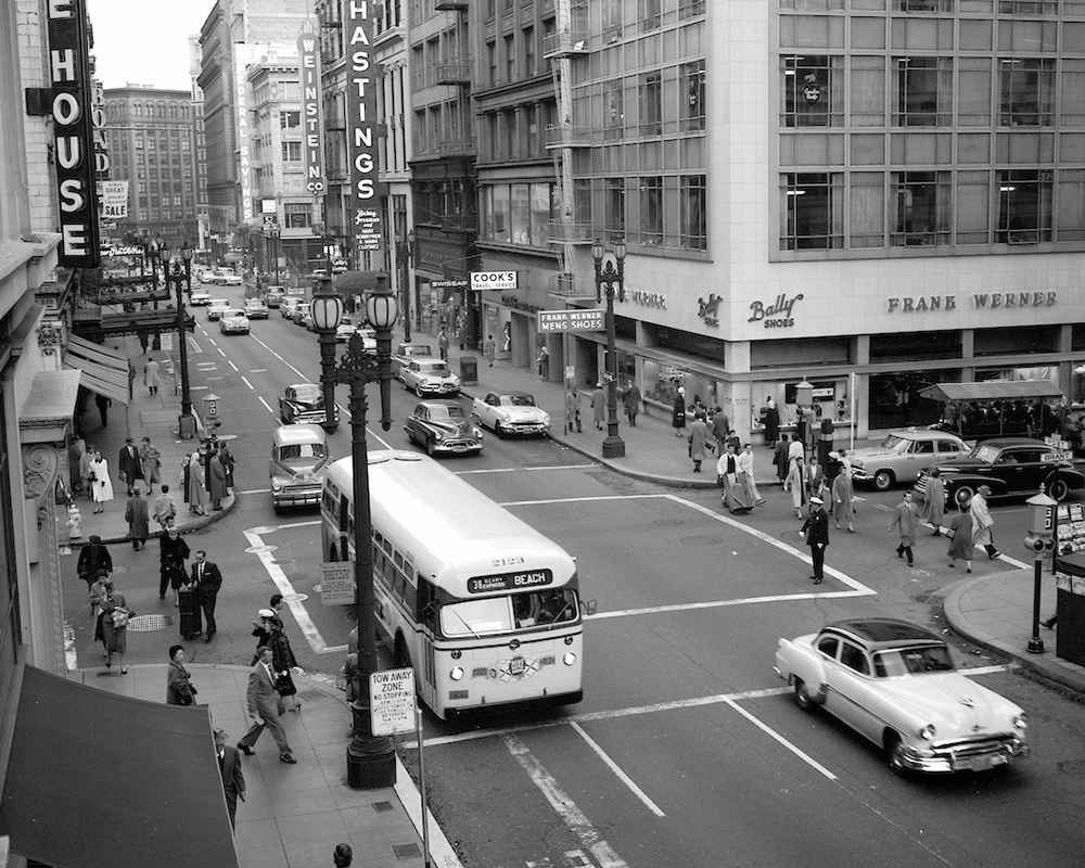 overhead view of traffic and bus in downtown 