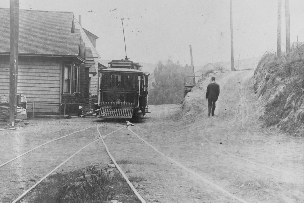 streetcar on switchback track at Market and Clayton Streets