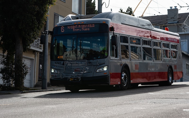 A 6 Parnassus red and silver Muni trolley bus