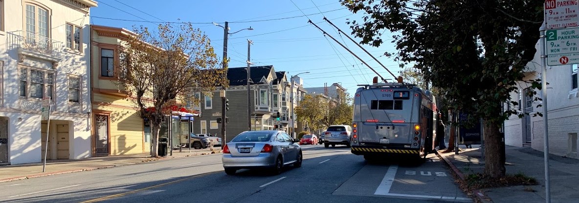 1 California Line coach pulling over to a stop