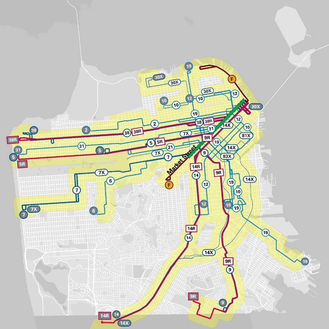 Map showing all surface Muni routes that use Market Street for a portion of their route. Improving the functionality of Market will help enhance transit to many parts of the City.