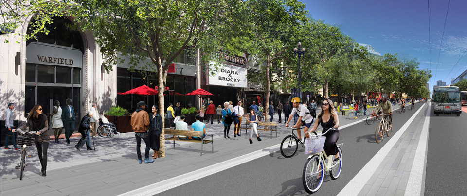 Rendering including Better Market Street’s sidewalk level bike lane, new trees and improved streetscape elements. 