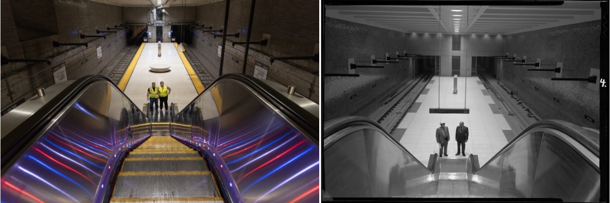 View of the Muni Metro Van Ness Station escalator from now and from 1973 when the station first opened.