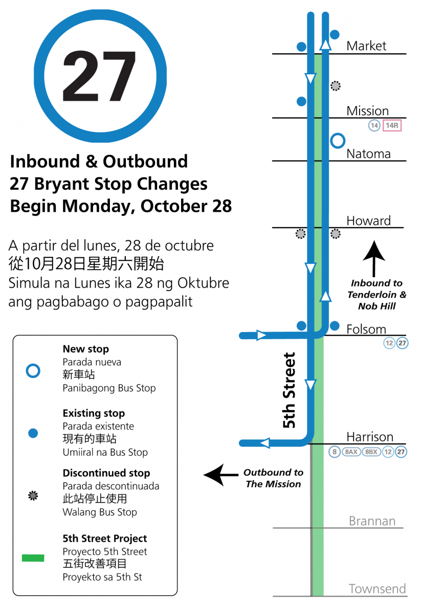 Map of stop changes for the 27 Bryant for the 5th Street Improvement Project