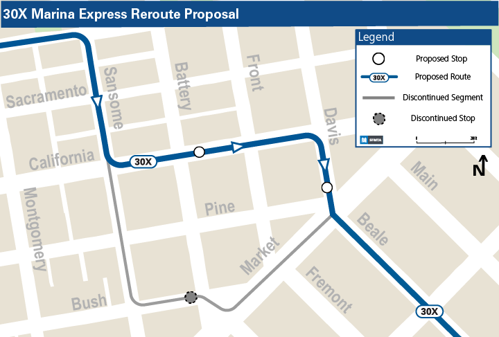 Map of summer pilot route for the inbound 30X Marina Express