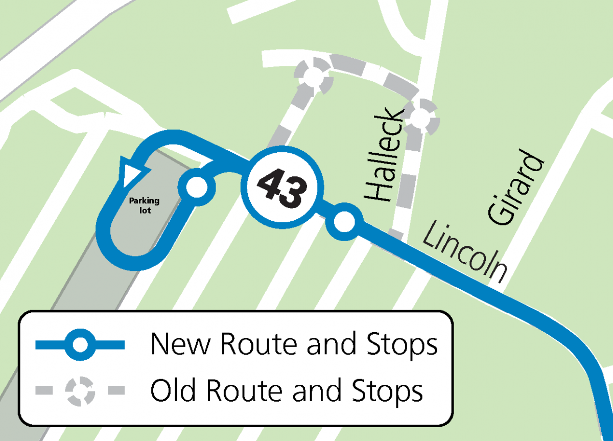 Map of 43 route and stops at the Presidio Transit Center during construction