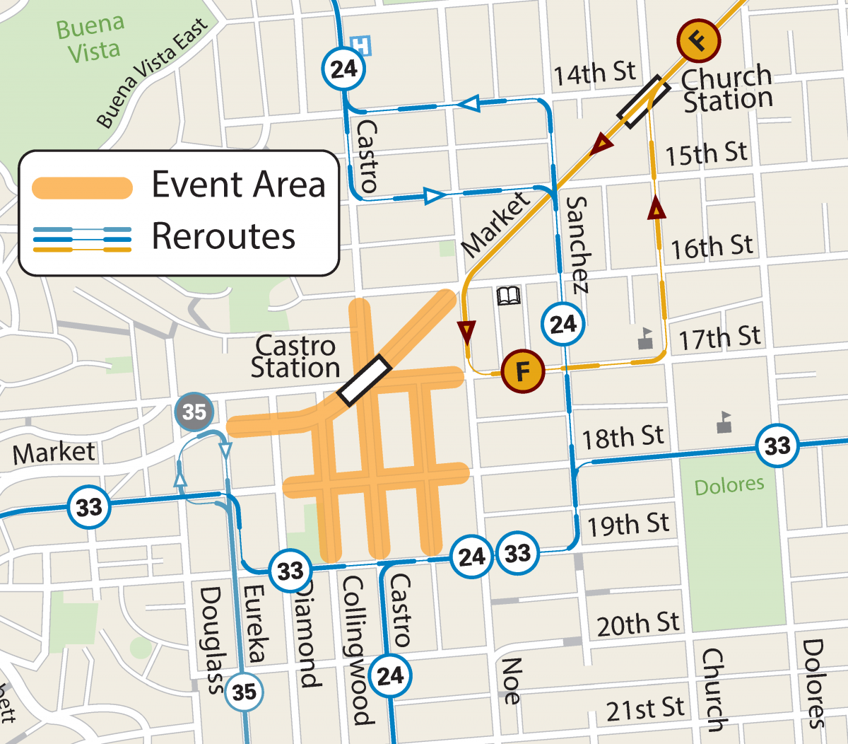Map of Street Closures and Muni Reroutes for the Castro Street Fair